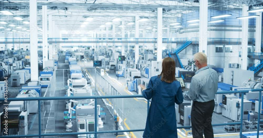 Poster Male Engineer and Female Project Manager Standing on a Platform, Talking, Using Laptop Computer and Monitoring Production at a Modern Automated Electronics Manufacture with AI Robotic Arms