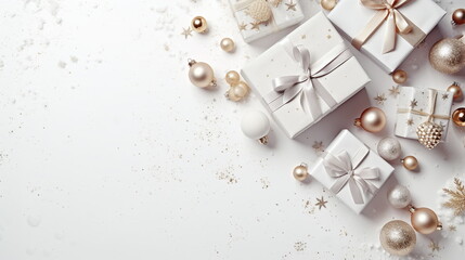White Christmas gifts with golden balls on gray background copy space