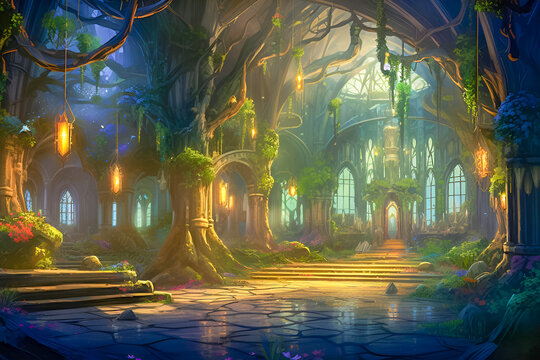 Magical elven interior of a castle, beautiful world