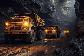 Industrial coal mine or quarry. Huge quarry trucks carry the rock for beneficiation and processing. Large mining trucks work the night shift. - obrazy, fototapety, plakaty