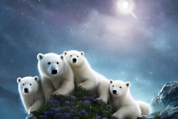 A family of four polar bears on a rock on a moonlit night, Generative Ai
 - obrazy, fototapety, plakaty