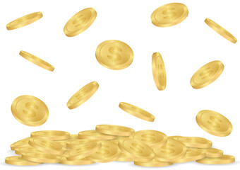 Golden Coins Falling into Pile of Golden Coins. Rich and Wealth Concept. Vector Illustration. 
