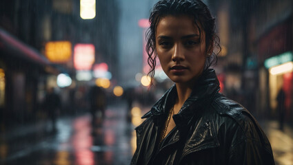 A rain-soaked cyberpunk detective on a dimly lit street.