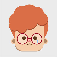 Obraz na płótnie Canvas Vector boy face in glasses, crying, tears, ginger boy, icon, sticker, illustration, child, person