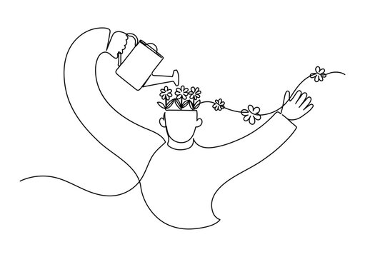 line art person watering flowers in head clip art preview