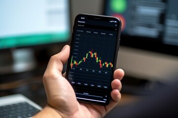 Male hand holds modern smartphone displaying fluctuating digital currency market. Investor constantly analyzes data staying informed to make decisions to impact investments. Smartphone close-up.
