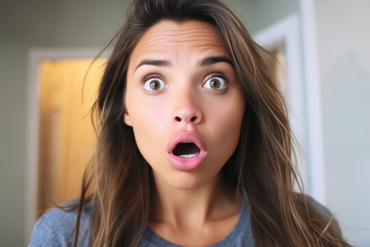 femme en gros plan avec une expression d'&eacute;tonnement extr&ecirc;me, les yeux &eacute;carquill&eacute;s et la bouche ouverte