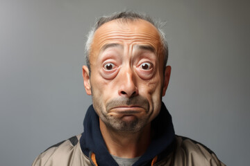 Fototapeta premium homme en gros plan avec une expression de grande surprise et d'étonnement avec les yeux écarquillés, photo studio arrière plan neutre