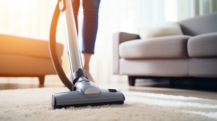 Woman with vacuum cleaner in hand ensures home remaining tidy place to live. Woman using vacuum cleaner maintains clean cozy living environment. Woman uses vacuum cleaner to keep living space tidy. - obrazy, fototapety, plakaty