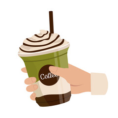 Hand with plastic glass with cold drink. Take away. Vector graphic.