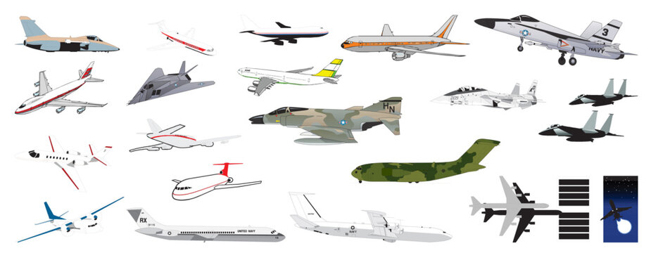 Cliparts Passenger and Fighter Aircraft Airplanes - compendium vector illustrations editable best art design for multipurpose use in high definition format