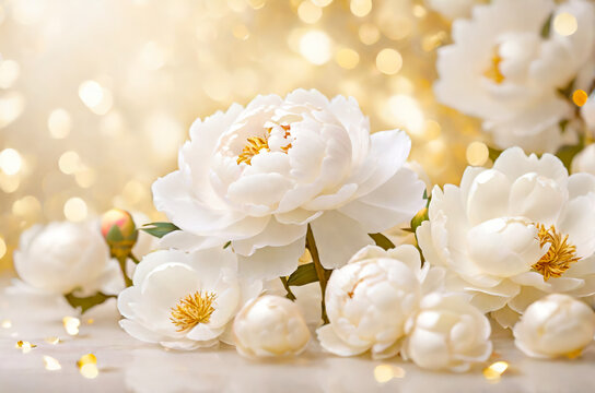 Beautiful white peonies on a gold blurred background. AI
