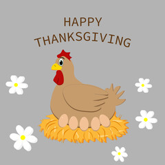 happy thanksgiving,inscription, chicken, flowers. on a light gray background