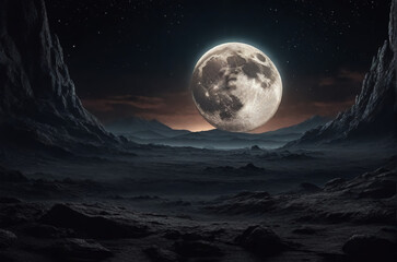 Naklejka na ściany i meble Dark gloomy desert landscape with a big moon. AI