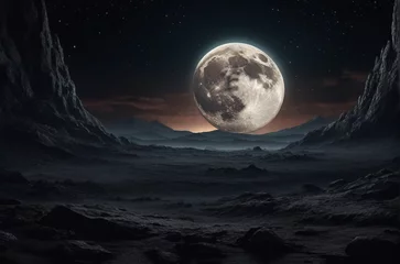 Rideaux occultants Pleine Lune arbre Dark gloomy desert landscape with a big moon. AI