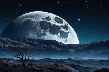 Zelfklevend Fotobehang Volle maan en bomen Dark gloomy desert landscape with a big moon. AI