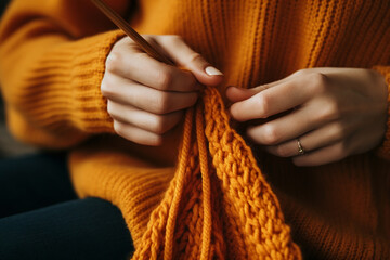 The close up of a female's hands is knitting yellow mustard yarn for a warm knitted sweater in a cozy room. Generative AI.