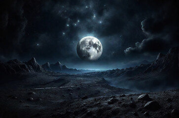 Naklejka na ściany i meble Dark gloomy desert landscape with a big moon. AI