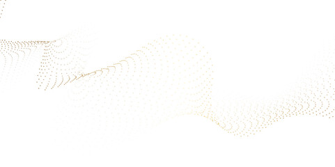 Abstract flowing golden dots particles wave curved lines on transparent background. Golden halftone gradient smooth curve line shape. Design for frequency sound, technology, science, banner, business.