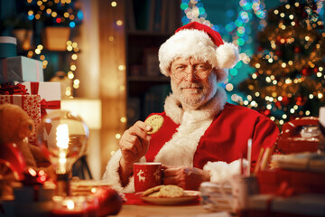 Happy Santa Claus having a hot drink and relaxing
