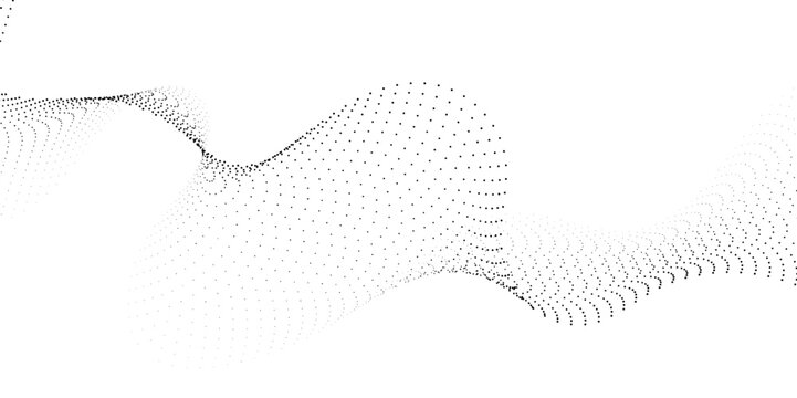 Abstract flowing dots particles wave curved lines on transparent background. Black halftone gradient smooth curve line shape background. Design for frequency sound, technology, science, banner.