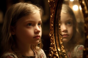 Girl's reflection in an antique mirror, close-up view