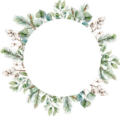 Modern Watercolor vector floral winter illustration - cotton, eucalyptus, spruce branch wreath frame with circle geometric shape. Winter branch border, save the date, Template with space for text