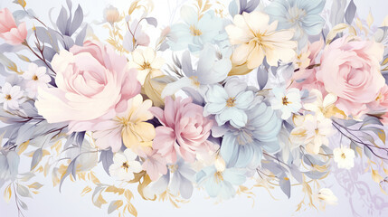 Artistic Floral Bouquet Patterns: Pastel Pink, Ivory, Mint Green, Lilac, Soft Yellow, Sky Blue, Lavender, Peach, Light Blue, Elegant Petals in Romantic and Delicate Blooms