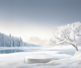 Empty silver white podium with snowy trees, lake, nature landscape. calm and elegant winter atmosphere. Mockup for product presentation, branding, packaging, marketing, web, banner, editorial, print.