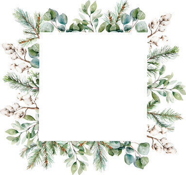 Watercolor Christmas frame of fir, cotton, eucalyptus, spruce branches. Hand painted winter plants. Template space for text, message, sign for greeting cards, invitation, wedding card, celebration.