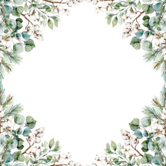 Naklejka premium Watercolor winter plants card. Hand painted frame with eucalyptus, spruce, cotton branches in rhombus shape. Template space for text, message, sign for greeting cards, invitation, wedding card