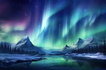 Photo sur Plexiglas Aurores boréales Beautiful Aurora Northern or Southern lights in starry night sky. Aurora borealis over the sky at islands. Night winter landscape with colorful scene, sea with sky reflection.