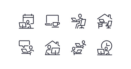 Set of work place related icons, working, remote work, video conference, coworkin, freelancer, home office and linear variety vectors.	
