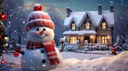 snowman on the background of the house