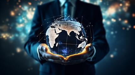 Businessman holding a glowing earth globe in his hands. 3D rendering
