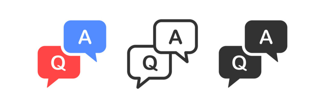 QA icon. Question speech bubble symbol. Answer message signs. Explain symbols. Ask icons. Explanation form. Black, flat color. Vector sign.