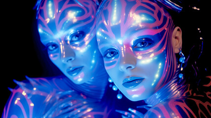Fototapeta na wymiar TWO UNUSUAL DISCO DANCERS IN UV COSTUMES. NIGHT CLUB. legal AI