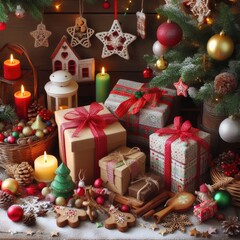 Fototapeta na wymiar new year, gifts, Christmas tree, realism