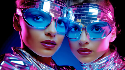 Obraz premium TWO UNUSUAL DISCO DANCERS IN UV COSTUMES. NIGHT CLUB. legal AI