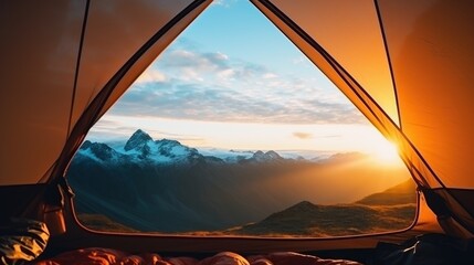 Breathtaking mountain landscape unfolds from tent revealing towering peaks and nature beauty at...