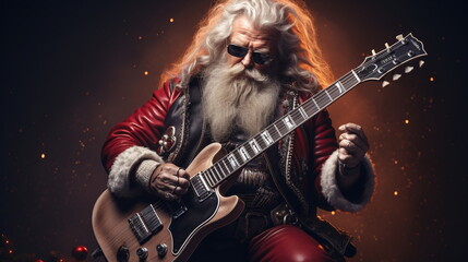 Santa Claus rocker in glasses plays guitar AI