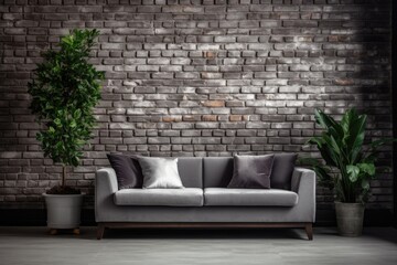 Modern Living Room with Brick Wall, Flower Decor, and Stylish Gray Sofa.