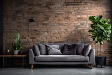 Modern Living Room with Brick Wall, Flower Decor, and Stylish Gray Sofa.