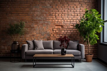 Modern Living Room with Brick Wall, Flower Decor, and Stylish Gray Sofa.