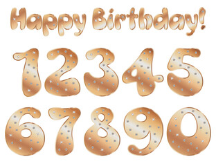 Set of decoration: bronze alphabet, numbers 0 to 9, sign "Happy Birthday!" diamonds. Font, lettering, numbers cartoon children's style, isolated white background. Use for greeting cards invites  more.