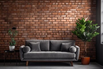 Modern Living Room with Brick Wall, Flower Decor, and Stylish Gray Sofa.