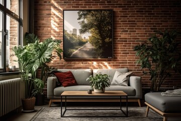Fototapeta na wymiar Modern Living Room with Brick Wall, Flower Decor, and Stylish Gray Sofa.