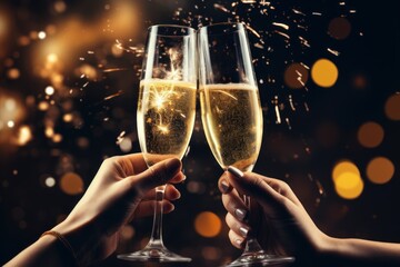 Champagne glasses in hand, a festive party. The concept of the celebration, blurred background with bokeh. 