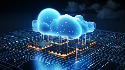 Cloud computing technology concept with circuit board and blue cloud. 3D Rendering