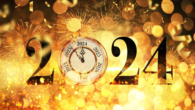 New Year 2024 with golden bokeh lights, fireworks and confetti, concept. Vintage clock points to 2024, creative idea.